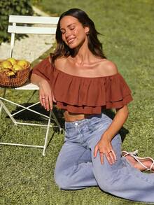 SHEIN VCAY Women's Summer Beach Vacation Style Minimalist Solid Color One-Shoulder Layered Ruffle Cropped Top,Summer Top,Brown Top - Rust Brown - View 7