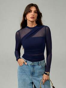SHEIN Tall Bodysuit màu nâu cho nữ, áo lưới xuyên thấu tay dài nhún cổ giả, phù hợp cho tiệc cocktail, hẹn hò lãng mạn, lớp lót mùa đông - Màu xanh hải quân - Xem 9
