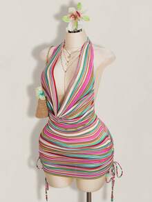 SHEIN ICON Vestido halter sexy con cuello de volantes a rayas para mujer de talla grande - Multicolor - Ver 4