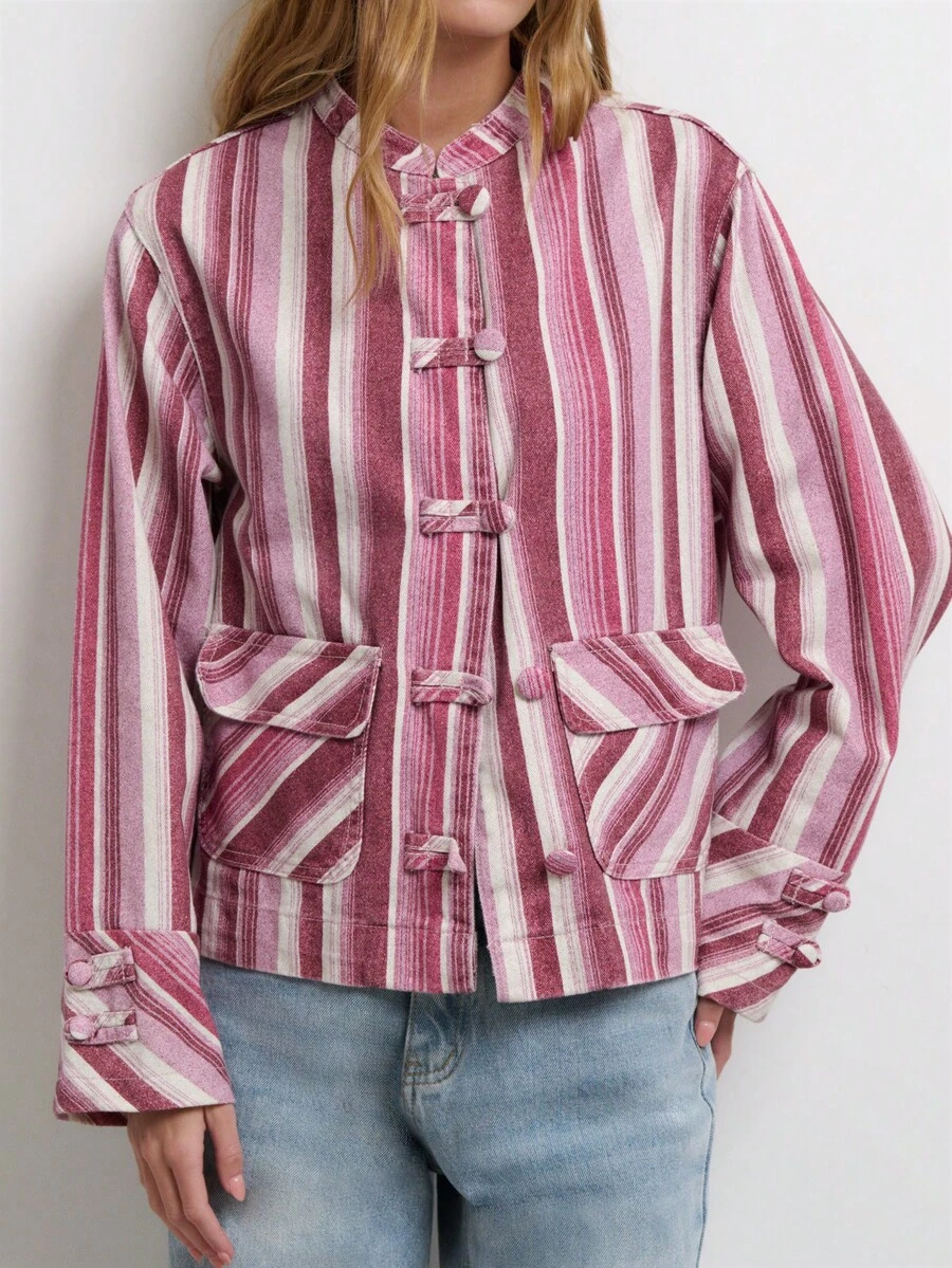 Nöista Printed Denim Jacket, Detail Buttons Down For Day-To-Night, Autumn,Winter, Vacation, Everyday Look - Purple - View 1