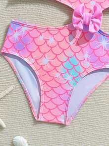 SHEIN Young Girl Fish Scale Pattern Pleated Bow Decor One-Piece Swimsuit, Pink Ruffle Trim One-Shoulder Design, Suitable For Beach Vacation, Pool Party, Beach Party - Pink - View 3