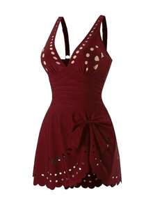 Swim Lushoire Traje de baño de una pieza con volantes y recortes de unicolor para adultos - Burdeos - Ver 5
