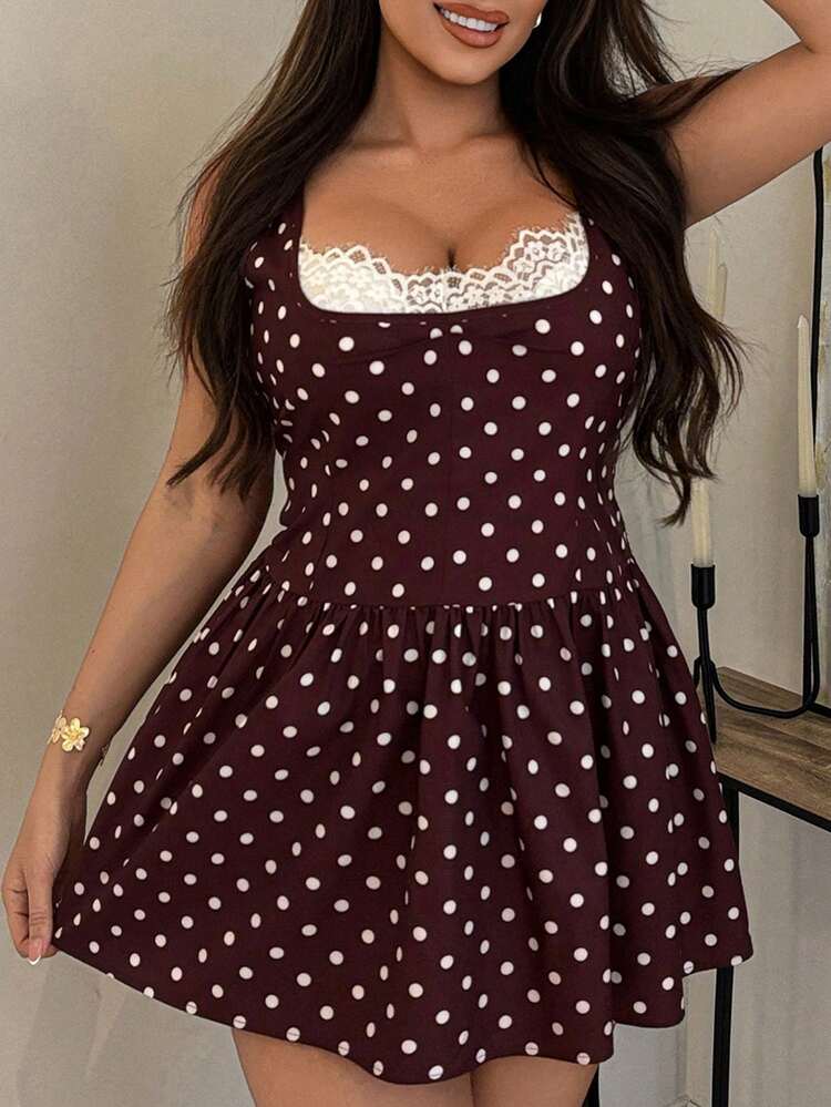 Dazy Plus Fashion Polka Dot Patchwork Lace Neckline Sexy Pure Desire Slim Fit Hot Girl Camisole Mini Dress Plus Size Women Spring Summer Brown