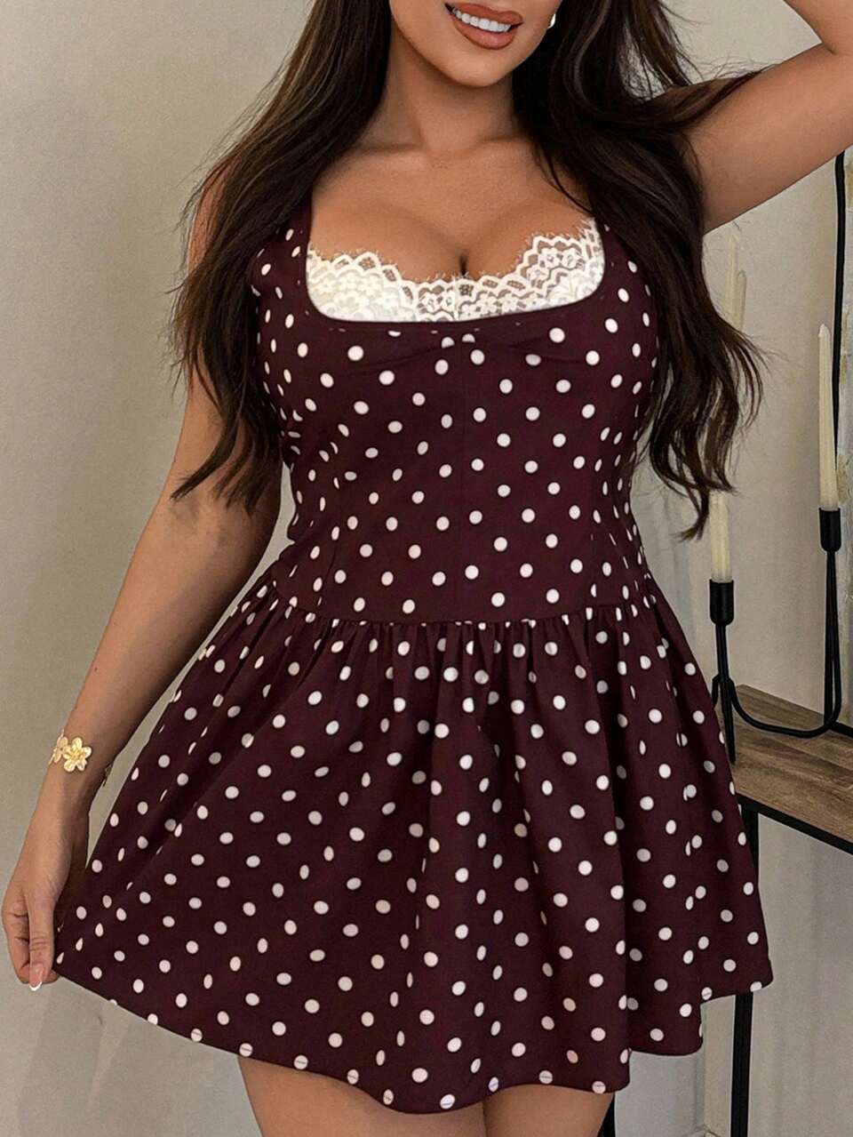 Dazy Plus Fashion Polka Dot Patchwork Lace Neckline Sexy Sexy Slim Fit Hot Girl Camisole Mini Dress Plus Size Women Spring Summer Brown Sundress