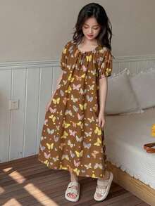 DAZY Round Neck Butterfly Pattern Short Sleeve Loose A-Line Maxi Dress For Tween Girls, Loungewear Summer - Brown - View 1