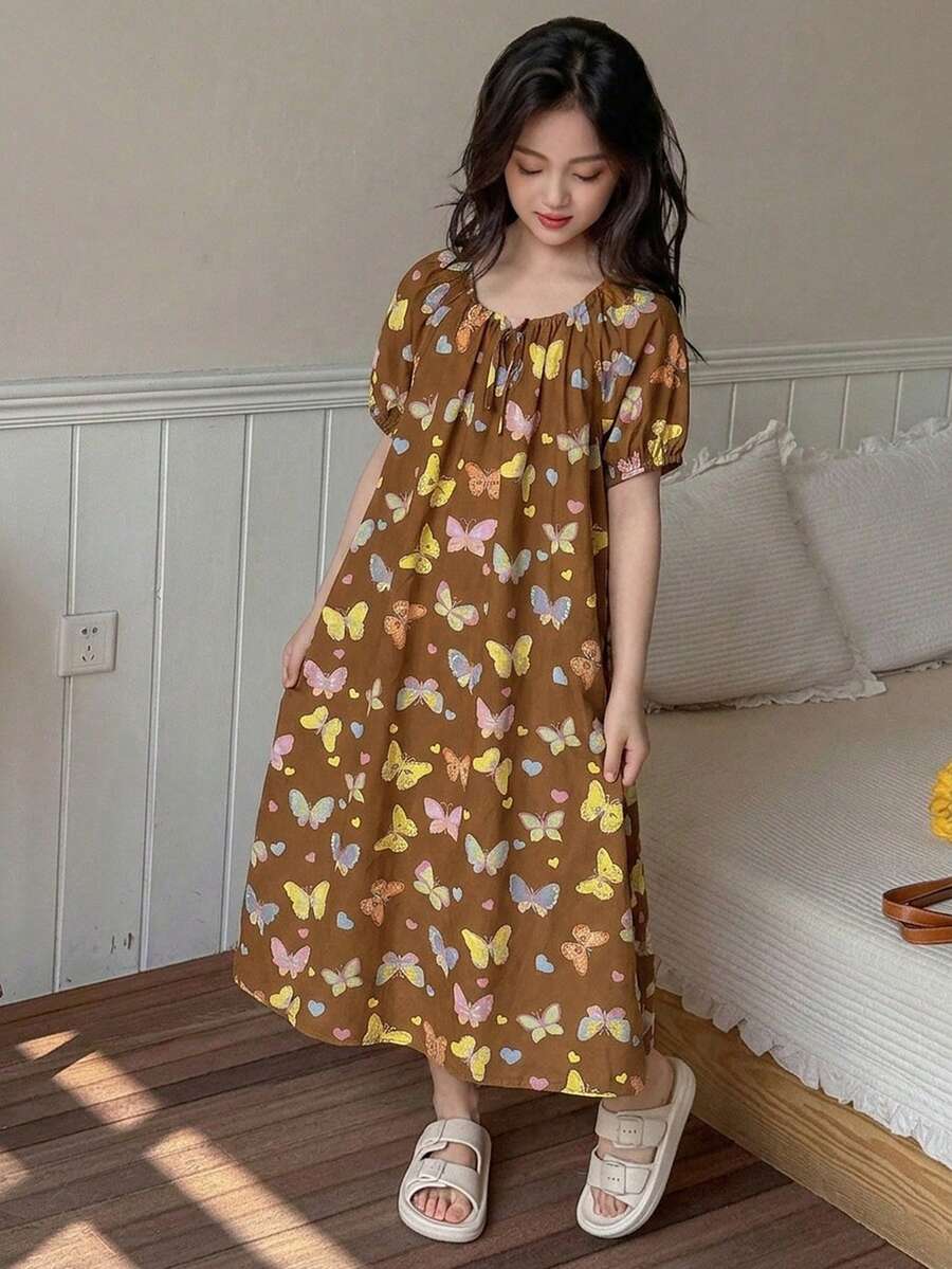DAZY Round Neck Butterfly Pattern Short Sleeve Loose A-Line Maxi Dress For Tween Girls, Loungewear Summer - Brown - View 1