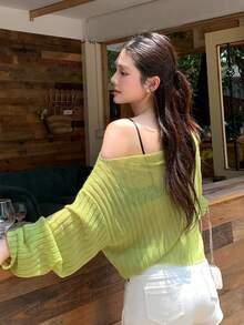 DAZY 女款透視不對稱領長袖針織上衣 適合海灘度假 萊姆綠 秋季 性感休閒 不對稱領上衣 - 綠色 - 查看 5