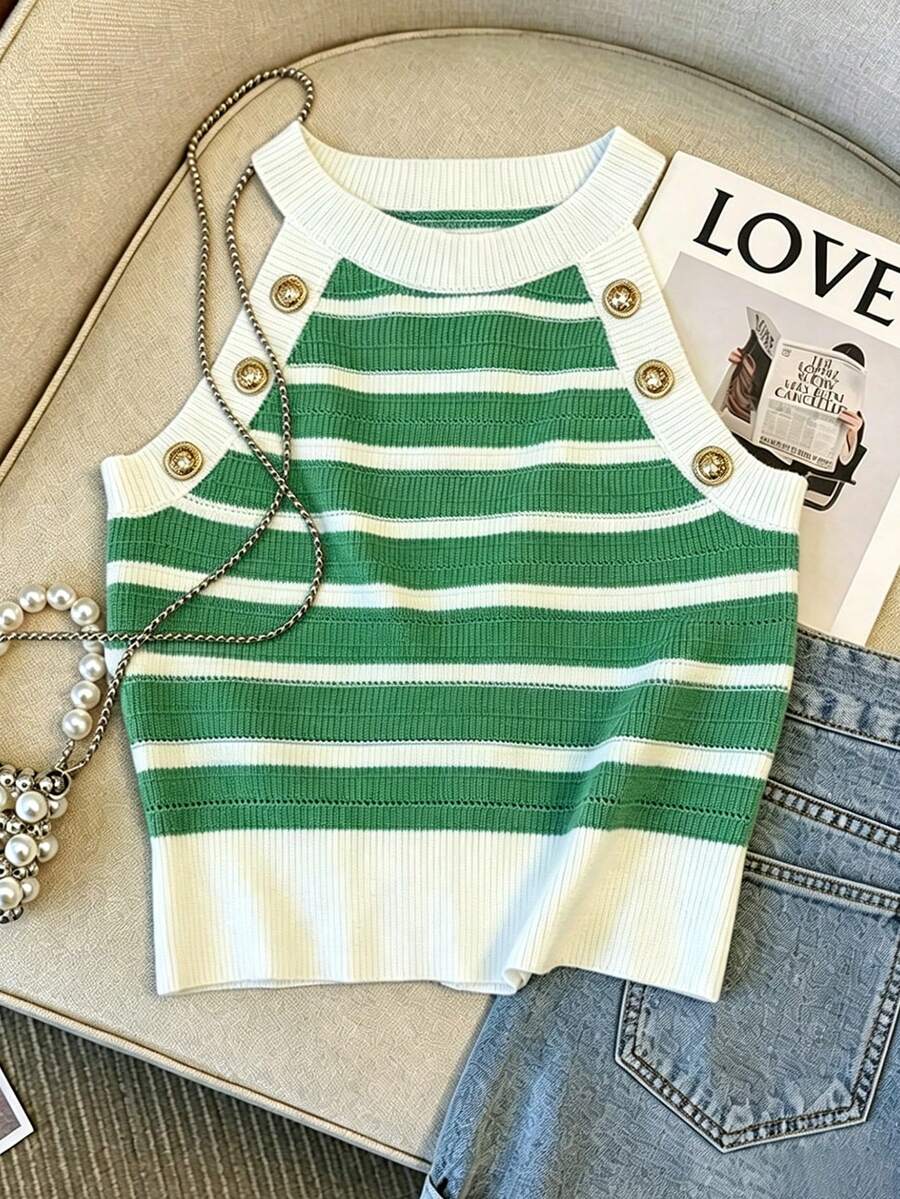 Franclia Sexy Sweet & Spicy Tank Top Fashion Knitwear Women Summer Contrast Color Striped Cropped Thin Top - Green - View 1