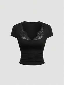 Sweetra Women's Elegant Premium Charming Spliced Lace & Short Black T-Shirt - Black - View 1