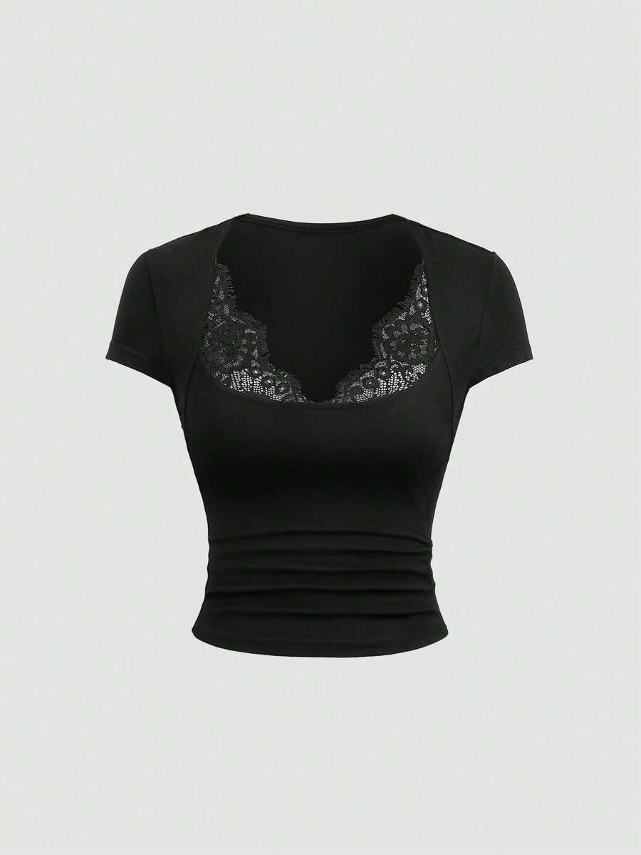 Sweetra Women's Elegant Premium Charming Spliced Lace & Short Black T-Shirt - Black - View 1