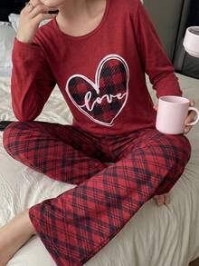 100% Cotton 2Pcs  Heart Printed Shirt And Plaid Printed Sleep Bottom PJ Set - 紅木色 - 查看 1