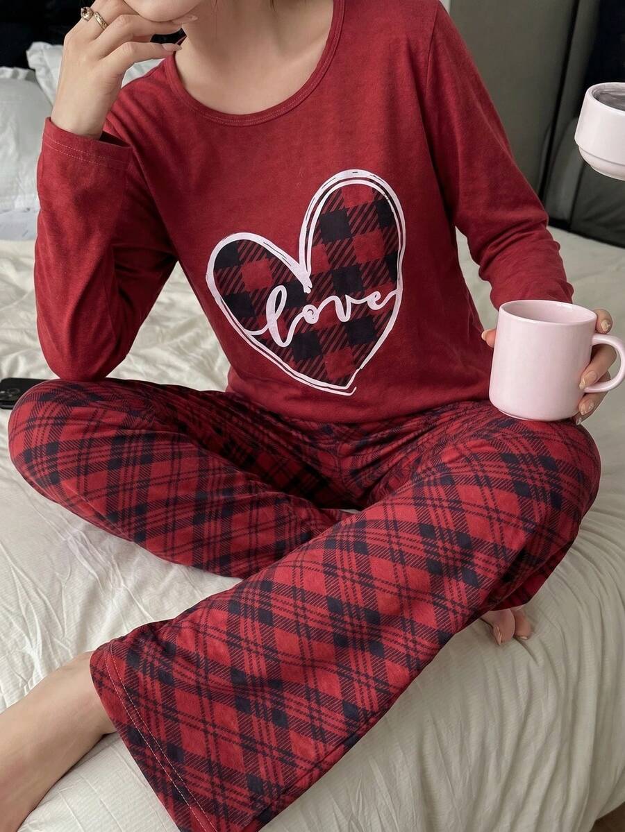 100% Cotton 2Pcs Heart Printed Shirt And Plaid Printed Sleep Bottom PJ Set - 紅木色 - 查看 1