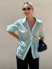 Livesso Women's Autumn Mint Green Waist Tie Loose Fit Vacation Style Casual Sexy Beach Vacation Shirt - Green - View 6