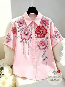 SHEIN Franclia Women's Summer Casual Loose Fit Short Sleeve Shirt With Beaded Floral Rhinestone Print, Positioned Cuffs And Turn-Down Collar, Pink, For Daily Commute, Travel, Vacation, Dating, Photography, Gathering, Dining, Camping, Birthday, Office Wear - Multicolor - View 8