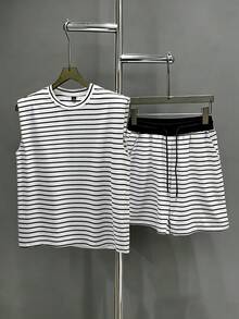 Manfinity Homme Men's Striped Versatile Crew Neck Tank Top And Pocket Drawstring Waist Casual Shorts Set - Multicolor - View 6