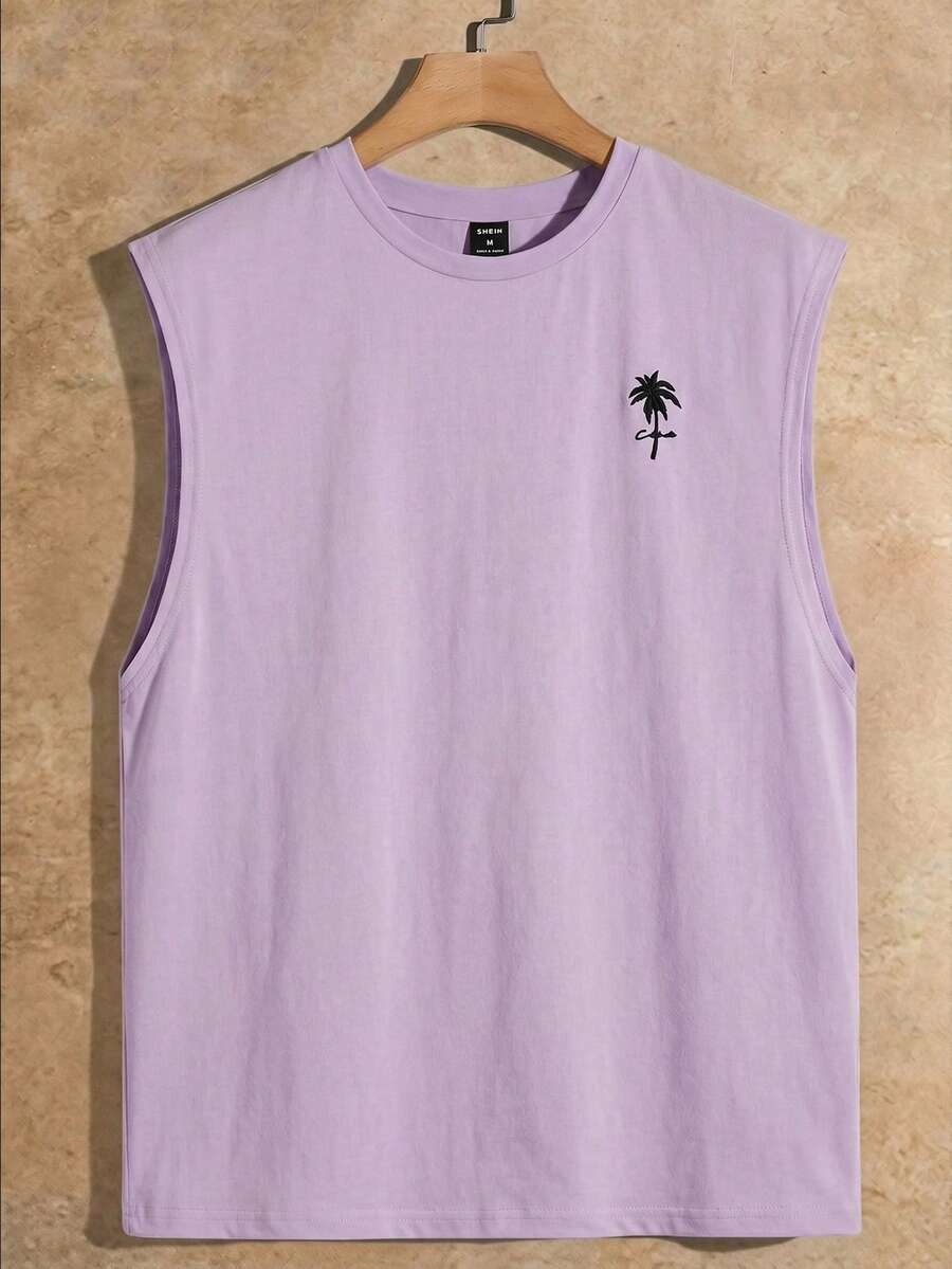 HIMLAND Men's Letter & Palm Tree Print Crew Neck Knit Fitted Tank Top - Mauve Purple - View 1