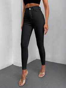 SHEIN Cottnline Plus Size High Waist Casual Traditional Black Rinse Wash Button Front Skinny Jean Formal Evening Winter - Black - View 4