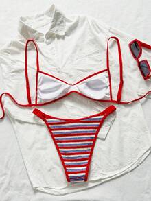 SHEIN Swim Women's 2 Pieces Swimwear Set, Special Fabric Patchwork, Lace-Up Back, Summer Holiday Beach Wear Red And White Striped Coastal - Multicolor - View 2