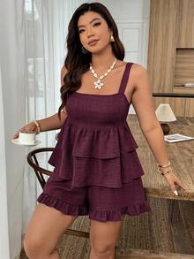 Weeklong Women's Plus Size Spring/Summer Casual Camisole Ruffle Hem Top And Ruffle Hem Pants 2-Piece Set, Suitable For Vacation And Daily Wear - Maroon - View 1