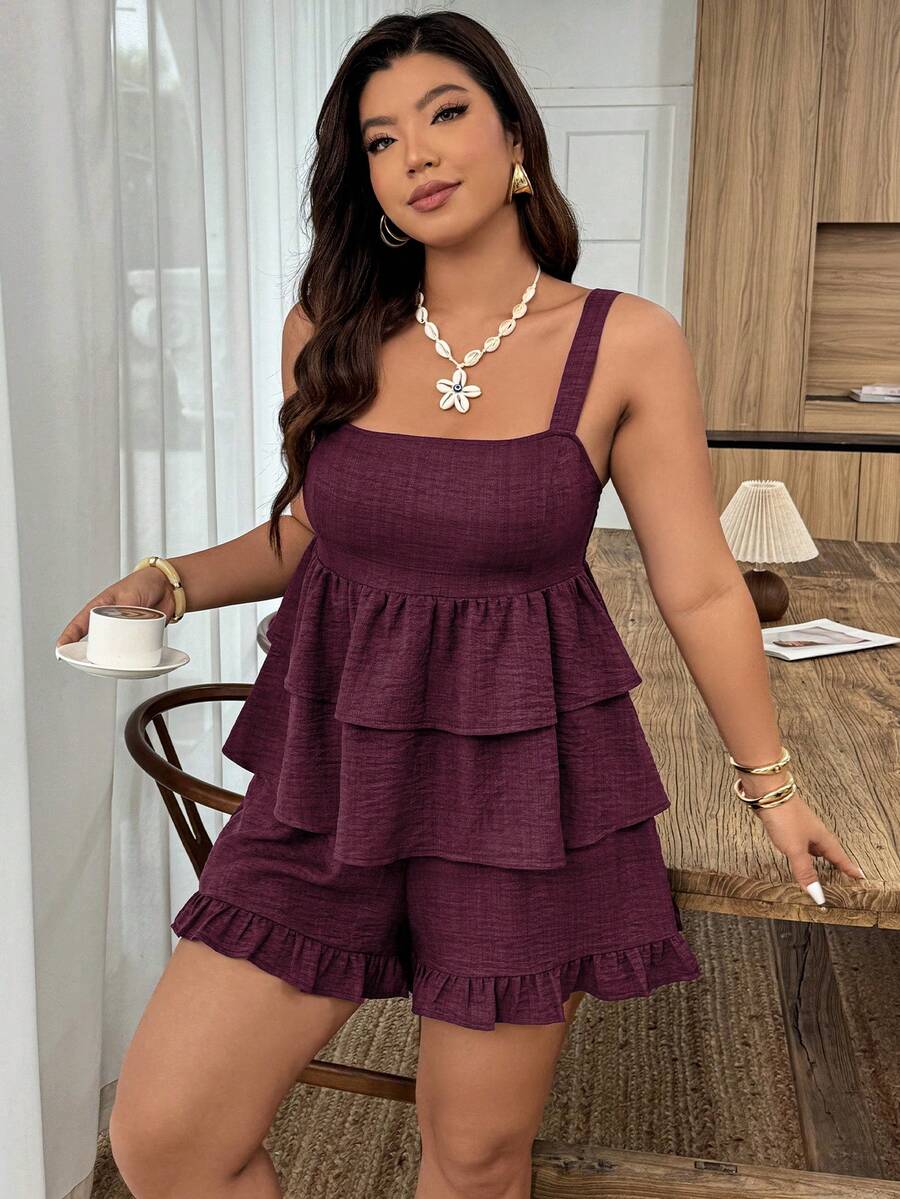 Weeklong Women's Plus Size Spring/Summer Casual Camisole Ruffle Hem Top And Ruffle Hem Pants 2-Piece Set, Suitable For Vacation And Daily Wear - Maroon - View 1
