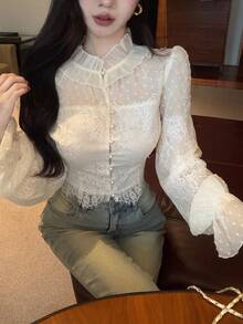 Joudiya Spring Summer Elegant Lace Patchwork Beige Women's Blouse - Beige - View 1