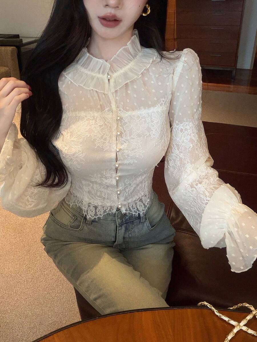 Joudiya Spring Summer Elegant Lace Patchwork Beige Women's Blouse - Beige - View 1
