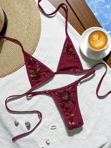 Swim SXY 女款夏季海灘亮片掛脖綁帶性感比基尼三角泳褲兩件式泳衣套裝 - 酒紅色 - 查看 7