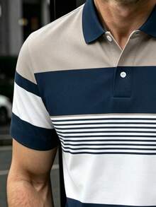 Manfinity Homme 男士經典條紋短袖休閒 Polo 衫，正式款 - 彩色 - 查看 4