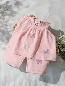 Vintaside Kids 女嬰女童掛脖無袖時尚優雅蝴蝶飾上衣搭配百搭休閒簡約長褲套裝，適合生日派對、聚會或家庭聚會戶外度假 - 粉色 - 查看 3