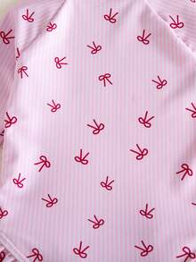 SHEIN Newborn Baby Bow Print Raglan Long Sleeve Zipper Front Casual One-Piece Swimsuit - Pink - View 3