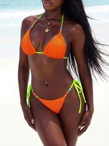 Amplova Conjunto de Maiô Bikini Sexy Feminino, Adequado para Férias, Design Fofo Bicolor Fluorescente, Ideal para Praia - Laranja - Visão 2
