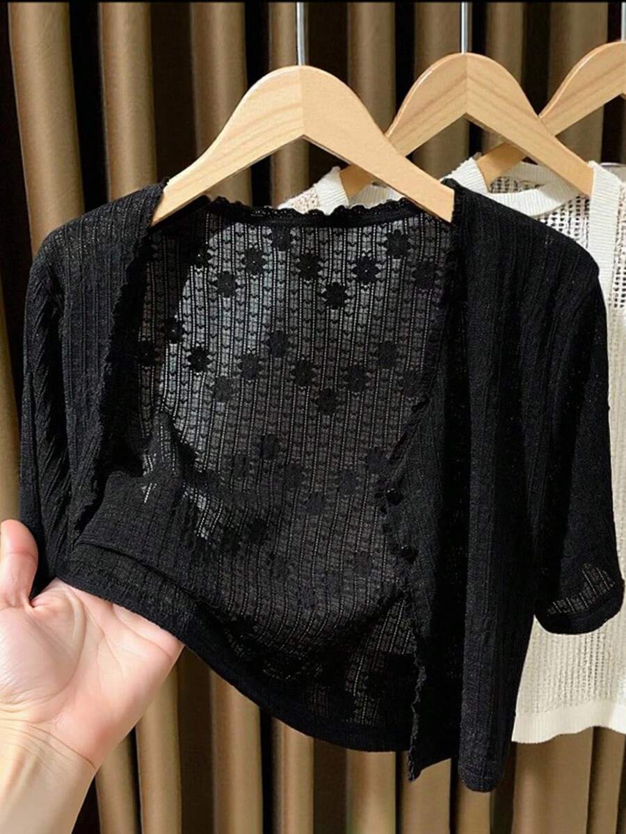 Franclia Plus Size Women's Short Lace Hollow Knit Cardigan - Black - View 1