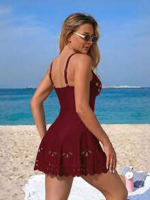 Swim Lushoire Traje de baño de una pieza con volantes y recortes de unicolor para adultos - Burdeos - Ver 2