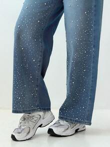 Yasmeen Edit Yasmeen Edit Women's Regular Waist Rhinestone Decor Loose Casual Jeans, Street Style - Medium Wash - View 6