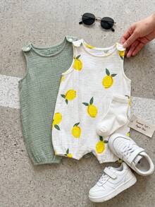 Bubblio 2pcs/Set Newborn Baby Boy Cute Gauze Solid Color Vest & Pants 2-Piece Outfit, Summer - Multicolor - View 2