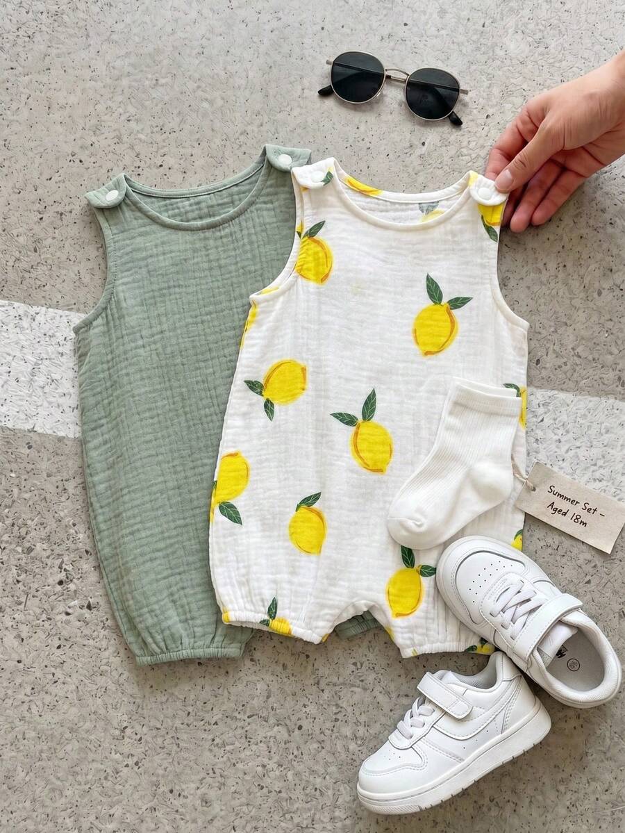 Bubblio 2pcs/Set Newborn Baby Boy Cute Gauze Solid Color Vest & Pants 2-Piece Outfit, Summer