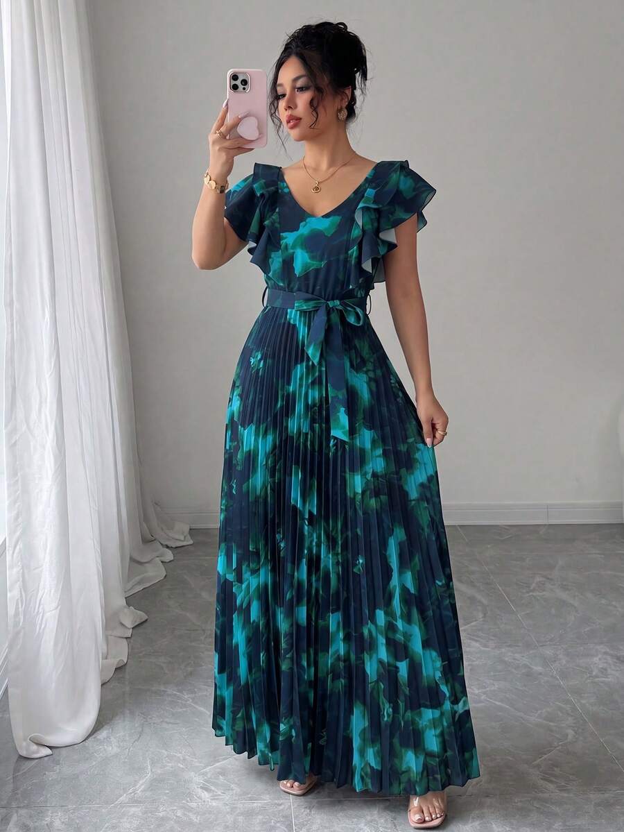Elenzga 嘉年華紫色領口數位印花度假風荷葉邊腰部A字版型優雅浪漫女款洋裝,適合約會、下午茶、旅行、田園風 - 彩色 - 查看 1