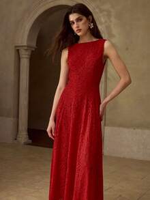 MOTF PREMIUM GAUN WANITA ELEGAN BERBAHAN RENDA DAN MANIK-MANIK MUTIARA TIRUAN - Merah - View 4