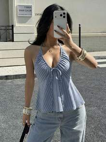 Siren Gaze 女款藍白條紋前綁帶性感海濱風熱帶波希米亞時尚掛脖背心上衣，適合海灘度假夏季穿搭 - 淺藍色 - 查看 3