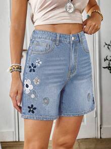 EMERY ROSE Women's Floral Embroidered Zipper Fly Denim Shorts - Dusty Blue - View 3