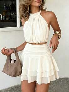 SHEIN PariChic Women's Elegant And Romantic Halter Neck, Fitted Waist, Pleated Ruffle Set In Apricot And White, Short Set, New Spring/Summer Set, Valentine's Day Date Set, Vacation Casual Set, Sheer Chiffon Romantic Set, Sleeveless Spring/Summer Multi-Layered Ruffle Short Set Women Clothes Set Halter Neck Set Mini Set White 2-Set,Birthday Set, Wedding Guest Set - Apricot - View 3