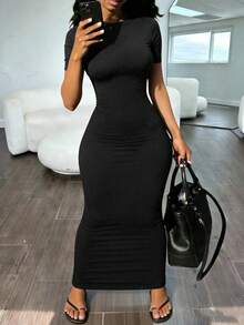 INAWLY Solva Women's Solid Color Round Neck Elegant Waist-Cinching Long Dress For Party And Gathering - Black - View 5