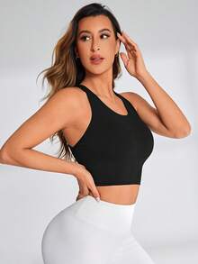 SHEIN Sports 女士纯色运动健身背心健身房上衣修身衬衫 - 黑色 - 查看 3