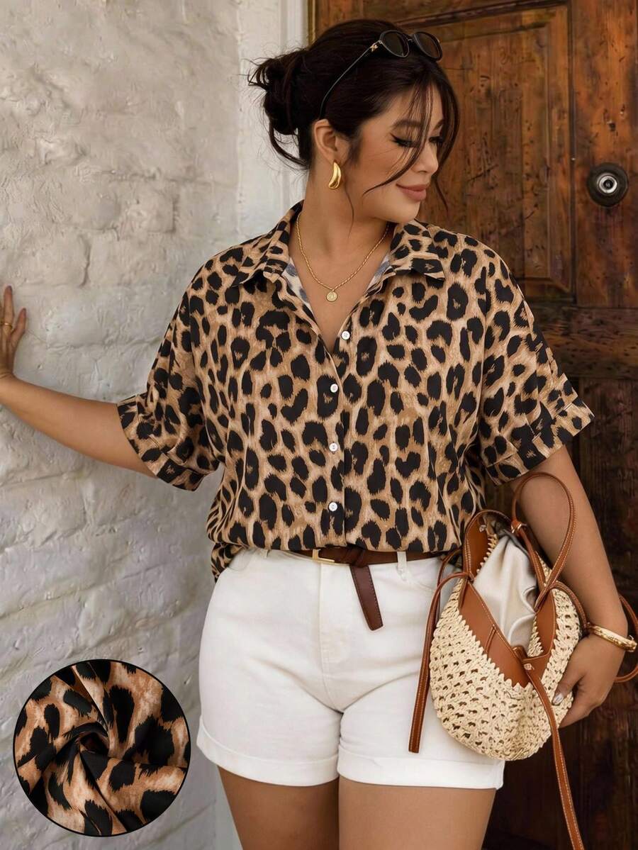 Lounesse Casual Vacation Leopard Print Fabric Plus Size Women's Shirt Suitable For Summer, Daily Outings, Music Festivals - Multicolor - View 1
