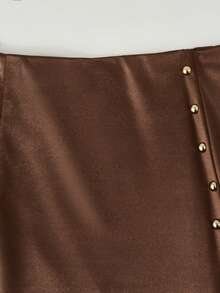 GlowEve Falda pantalón de satén marrón de talle alto para mujer, con una sola hilera de botones metálicos decorativos, minifalda cruzada, prenda elegante y casual de moda para el día a día, vacaciones y fiestas. - Marrón - Ver 4