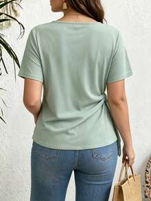 EMERY ROSE Modisches lässiges Kurzarm-T-Shirt in Hellgrün mit Rundhalsausschnitt, plissiertem Saum und Strickdekor, Große Größen - Minzgrün - Übersicht 2