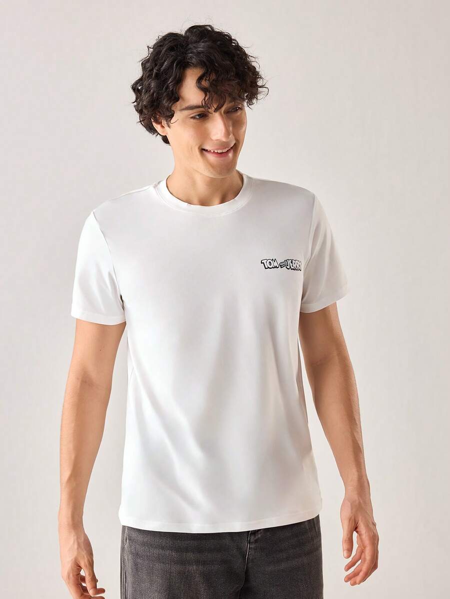 Strevion Men's Minimalist Tom & Jerry Graphic Print Round Neck Short Sleeve T-Shirt, Summer - White - View 1