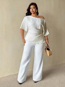 Auralis Áo blouse mặc kiểu pullover dáng ôm tôn dáng, eo xếp ly bất đối xứng, tay cánh dơi, vai lệch, phong cách tối giản đa năng cho mùa xuân/hè, size lớn, đi làm - Màu be - Xem 5