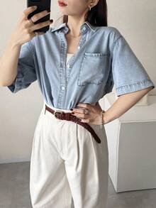 DAZY Women's Single-Breasted Casual Pocket Fashion Denim Shirt - Blue - View 4