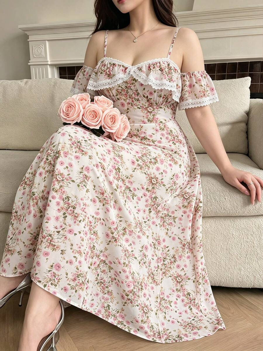 Vibekara Plus Size Floral Off-Shoulder Short Sleeve Elegant Dress - Multicolor - View 1